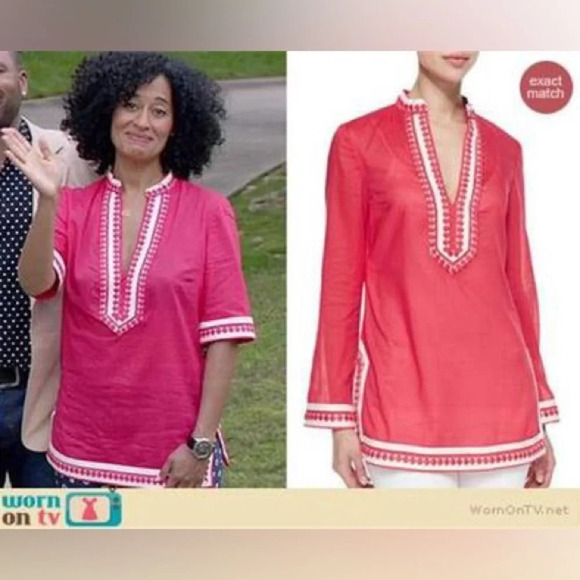 TORY BURCH Dot Trim Embroidered Cotton Tunic Top Blouse Cover Up Size 4 Small S - Picture 2 of 10